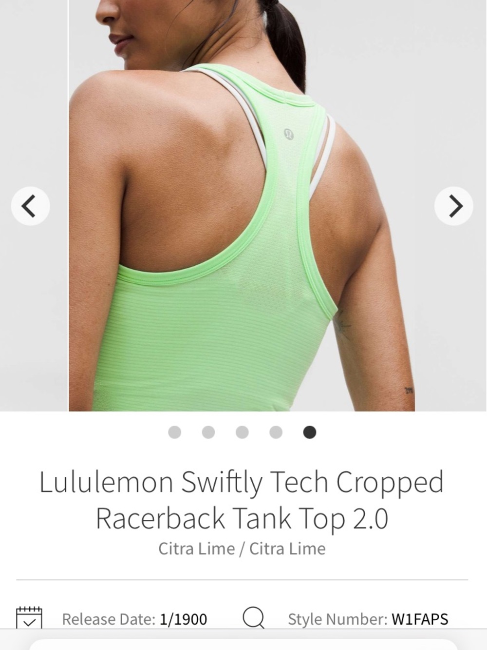 NWT $58 lululemon athletica Swiftly Tech Cropped Racerback Tank Top 2 Citra Lime